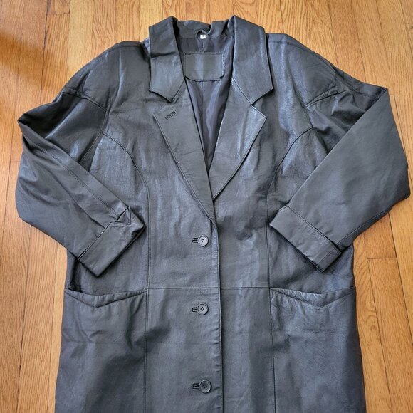 Structured Black Leather Trench Coat M Slouchy Oversized 90s Y2K Gorpcore Pocket - Picture 7 of 7